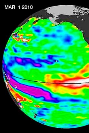 A satellite view of the equatorial Pacific.