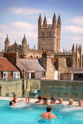 Thermae Bath Spa with a view of Bath Abbey.