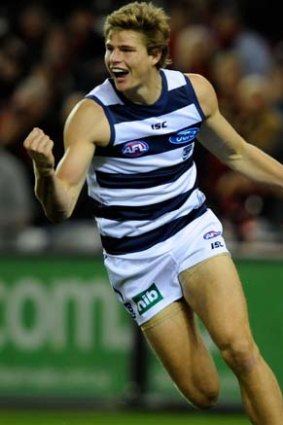 Geelong's Nathan Vardy celebrates a goal, 2 July 2011.