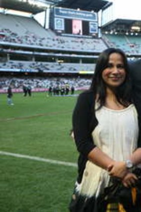 Mitu Bhowmick Lange with Eddie McGuire and Bollywood actress Vidya Balan at the MCG in 2012.