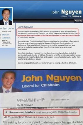 The apparent contradiction of the website bio of Liberal candidate for Chisholm, John Nguyen, (top) and a flyer stating his principles and values has been picked up by social media.
