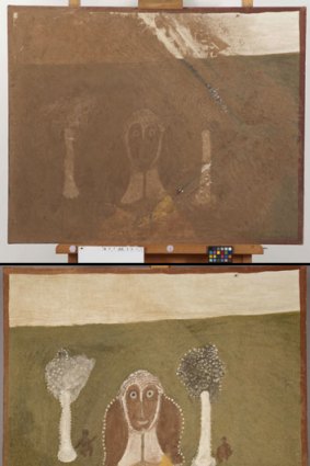 A water-damaged ochre painting (top) by Hector Jandany, Dumbuny (<i>Owl</i>) and the restored versio (bottom)n.
