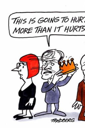 Bill Shorten is taking a crown away from former Prime Minister Julia Gillard and handing it to Prime Minister - elect - Kevin Rudd. Gillard looks upset, Rudd happy. 'This is going to hurt me more than it hurts you!' ALP. Ballot. Leadership. PM.