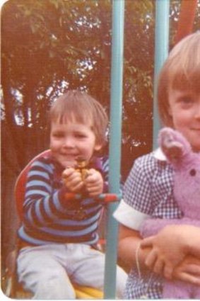 Anna Walker (with brother Aaron) gets ready for prep at Our Lady Help of Christians, Eltham, in the 1970s.