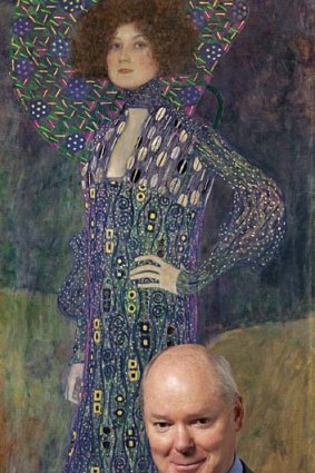 Dr Gerard Vaughan beneath Gustav Klimt's Portrait of Emilie Floge.