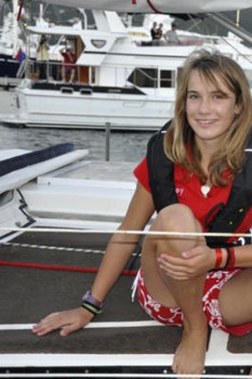 Laura Dekker aboard her yacht named Guppy.