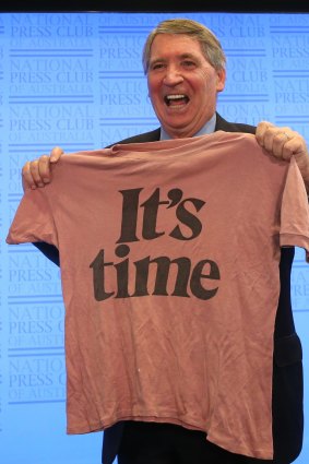 Dennis Richardson, outgoing Secretary of Defence, displayed his 1972 Gough Whitlam "It's time" campaign T-shirt when he addressed the National Press Club in Canberra.