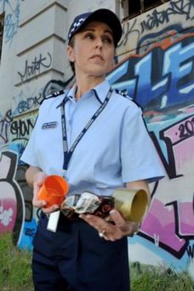 Leading Senior Constable Renee Bloomfield investigates a heavily graffitied site in Seaford.