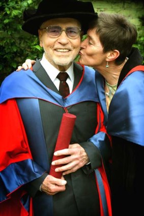 Joseph Ciampa, 91, is congratulated by his PhD supervisor, Dr Lilit Thwaites.