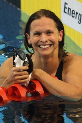 Happy ... Libby Trickett after finishing third in the 100 metres butterfly final on Friday.
