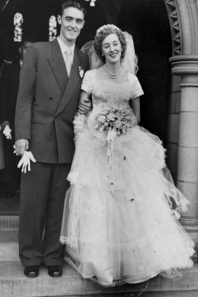 Dick Falconer with bride Jean Kreutzmann on their wedding day in January 1953.
