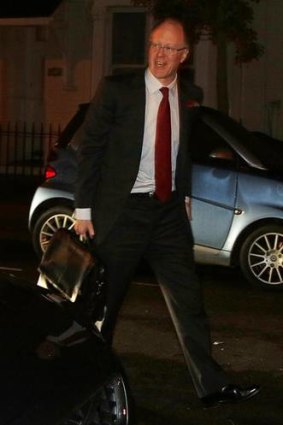 Taking the fall ... former BBC chief George Entwistle arrives home after resigning his post in London on Saturday, just two months into the job.