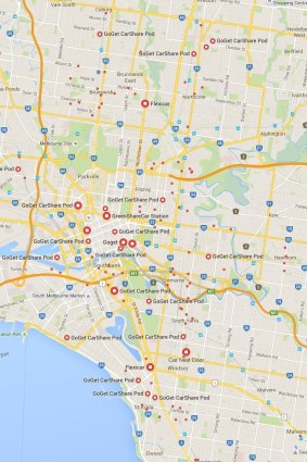 A map of car share parking spaces in inner Melbourne.