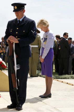 Solemn moment ... Governor-General  Quentin Bryce bows her head during a ceremony  at the Cape Helles Memorial at Gallipoli yesterday.