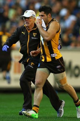 Hawthorn's Paul Puopolo is helped from the ground after an incident with Collingwood captain Nick Maxwell.