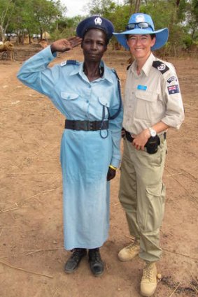 Erica with a fellow policewoman in South Sudan.