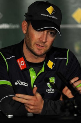 Playing a straight bat: Australian captain Michael Clarke at a press conference.