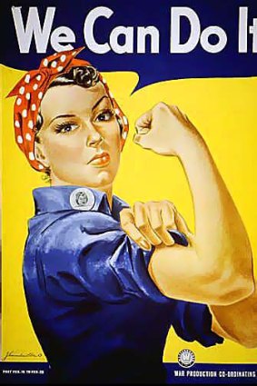 "Rosie the Riveter", dressed in overalls and bandanna, was introduced as a symbol of patriotic womanhood in the 1940's.