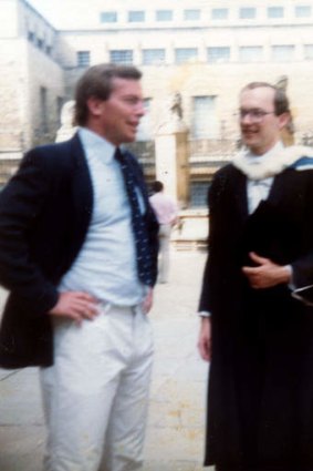 On his way … Brandis (at right) with Tony Abbott at Oxford University on Brandis's graduation day in 1983.