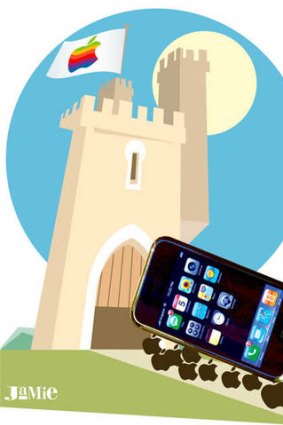 Illustration by Jamie Brown. The iPhone is brought into a big Apple castle by a group of Apple logoes.