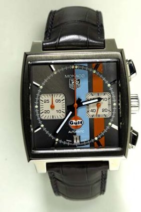 Steve McQueen's Monaco Calibre 12 Chronograph Gulf limited-edition alligator-strap watch from Tag Heuer.