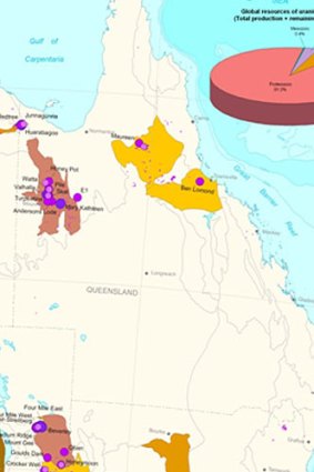 A map showing Queensland's uranium deposits.