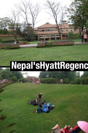Twitter post from @JigmeUgen: "#SHAME: Open spaces in #Nepal limited & cramped but #HyattRegency still exclusive for rich & westerners".