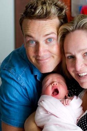 Fifi Box with new baby Beatrix and radio co-host Jules Lund.