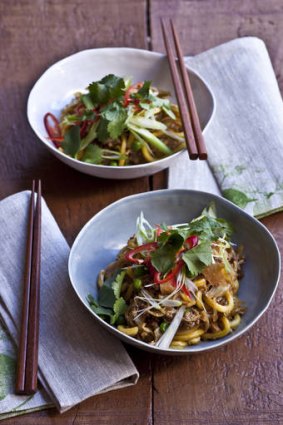 Asian influence ... Chow mien style pork  with cabbage, peas and hokkien noodles.