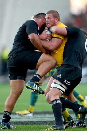James Slipper of the Wallabies is driven back by Charlie Faumuina and Kieran Read of the All Blacks during the last Bledisloe Cup match in Dunedin on Saturday.