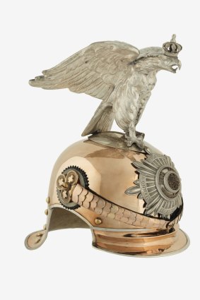 This helmet was made for an officer in an elite German cavalry regiment. The eagle was worn only on parade. For battle, it was replaced by a spike, to deflect sword blows.The shiny metal, which might give away the wearer's position to an enemy, was concealed by a grey cloth. The helmet is part of the Imperial War Museum's WW1 travelling exhibition coming to Melbourne.