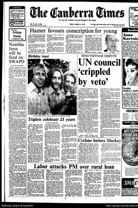 The French triplets were on the front of The Canberra Times in 1979 to celebrate their 21st birthday.