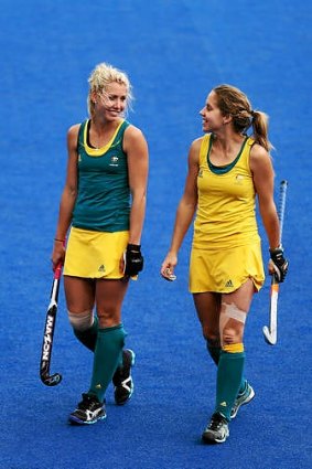 Casey Eastham (left) and Ashleigh Nelson chat during a training session in London.