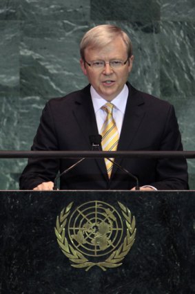 Prime Minister Kevin Rudd addresses the 64th United Nations General Assembly at the UN headquarters in New York.