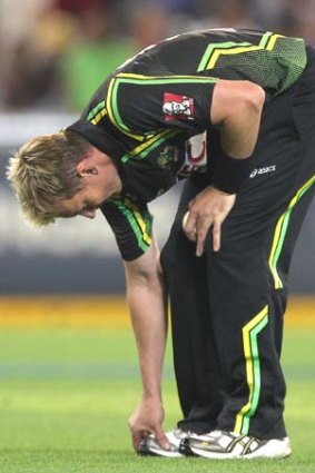 Brett Lee checks his injured foot whilst bowling against India in Friday's Twenty20.