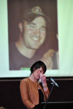 Shonia Holliday talks about her husband Peter at yesterday's service in Bendigo.