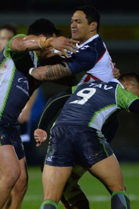 Standing tall: Les Soloai (centre), in action for the USA at the Rugby League World Cup.