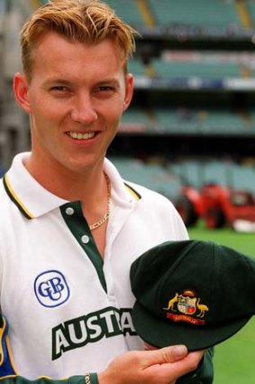 26 December, 1999. Test debutant Brett Lee is presented with his baggy green cap before the Boxing Day Cricket Test match between Australia and India at the Melbourne Cricket Ground.