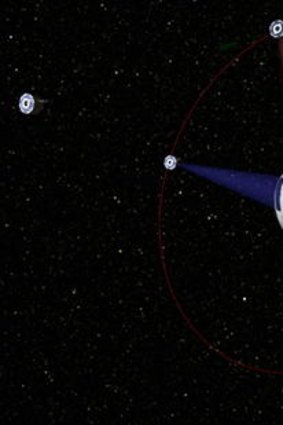 A conceptual image of satellites prospecting an asteroid.