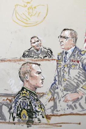Sergeant Calvin Gibbs, seated, is shown in this courtroom sketch as Army prosecutor Captain Dan Mazzone stands at centre.