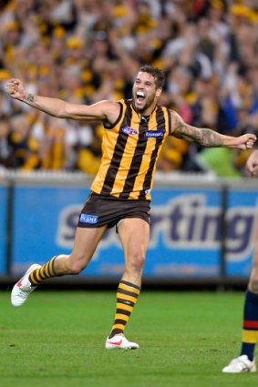 Oh yeah: Lance Franklin celebrates a goal during Hawthorn?s win over Adelaide at the MCG.