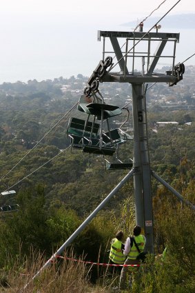 Concern: Worksafe inspectors at the Arthurs Seat chairlift examine where it derailed in 2006.