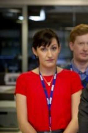 From left, Nat (played by Celia Pacquola), Hugh (Luke McGregor) and Tony (Rob Sitch) on the set of Utopia.