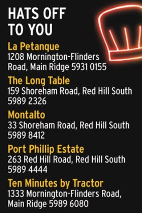 The restaurants in Red Hill South and Main Ridge awarded a hat in the 2012 edition of <i>The Age Good Food Guide</i>.