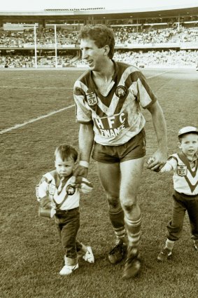Steve Mortimer with his sons Matthew and Andrew after Canterbury won the 1985 Grand Final.