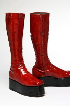 Red platform boots for the Aladdin Sane tour, from the David Bowie Is exhibition at ACMI.