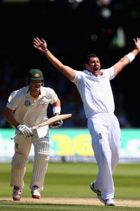 Tim Bresnan celebrates after trapping Shane Watson lbw on the second day.