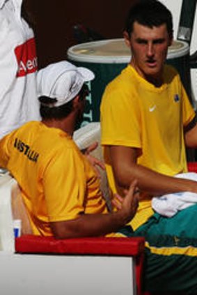 Davis Cup duo: Captain Pat Rafter (left) and Bernard Tomic.