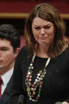 Sarah Hanson-Young breaks down in Parliament.