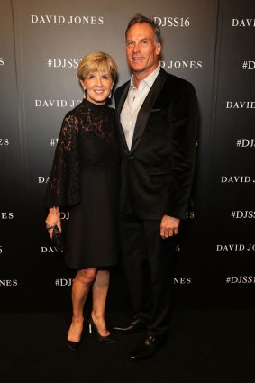 Twinkle toes ... Julie Bishop and David Panton arrive at the David Jones Spring/Summer 2016 Fashion Launch at Fox Studios.